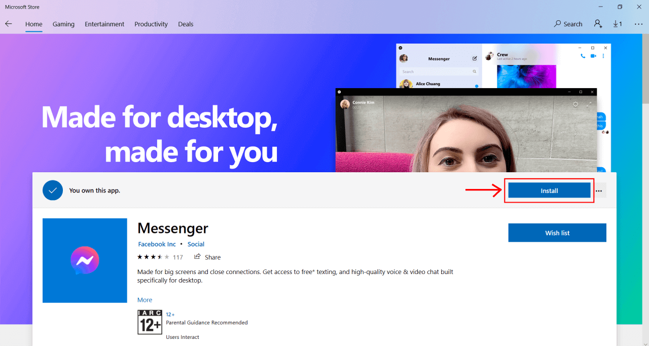 How to Download and Install Facebook Messenger For PC Windows 9 Facebook Messenger get button Microsoft store