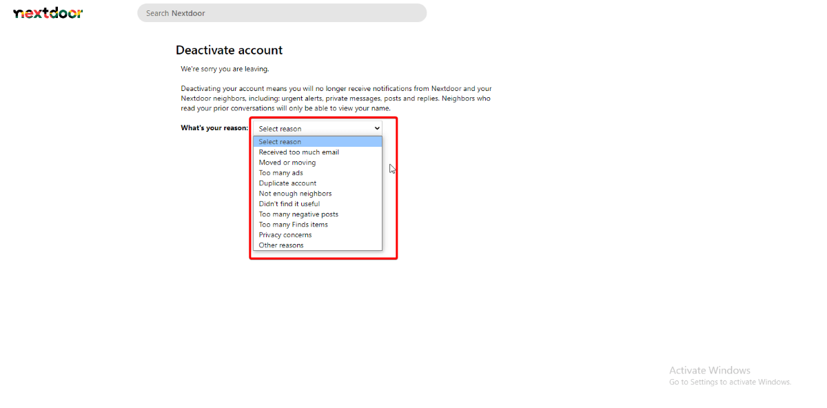 how to deactivate Nextdoor account