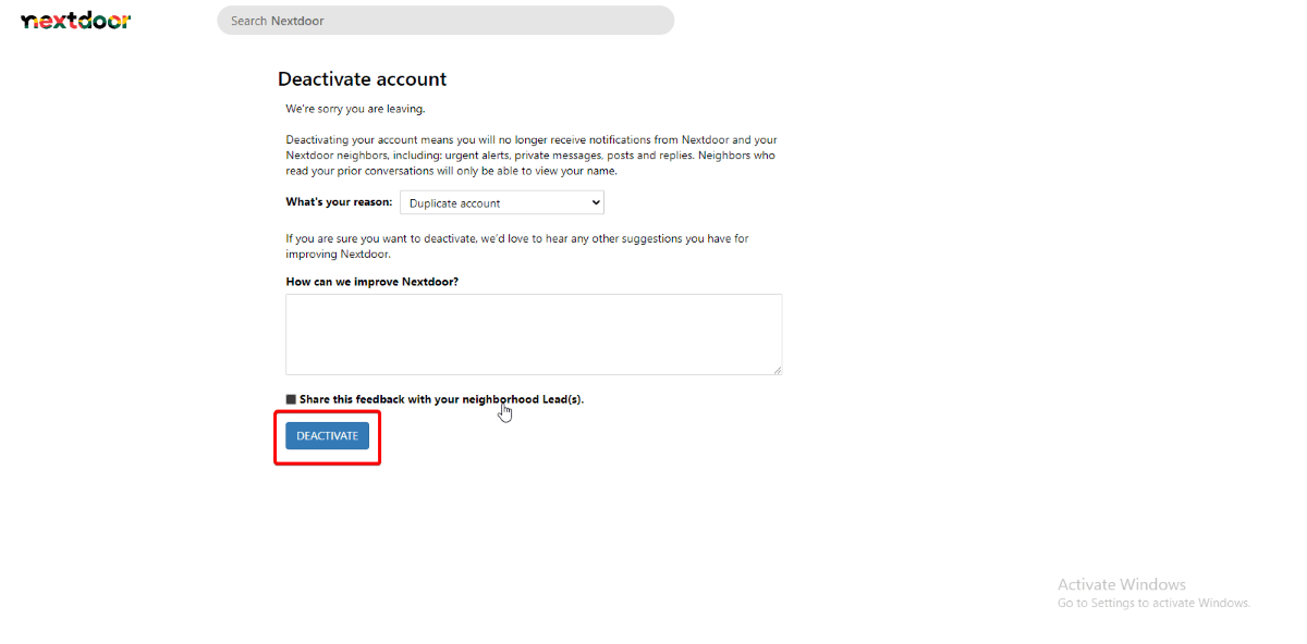 how to deactivate Nextdoor account