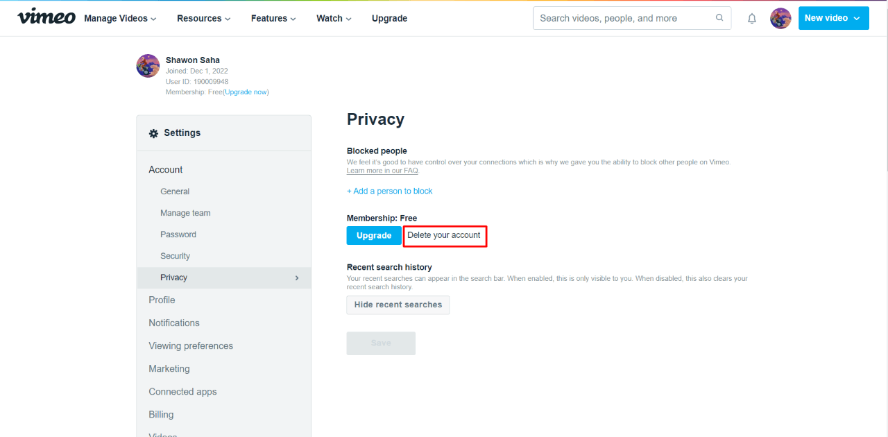 How to delete Vimeo account via the website