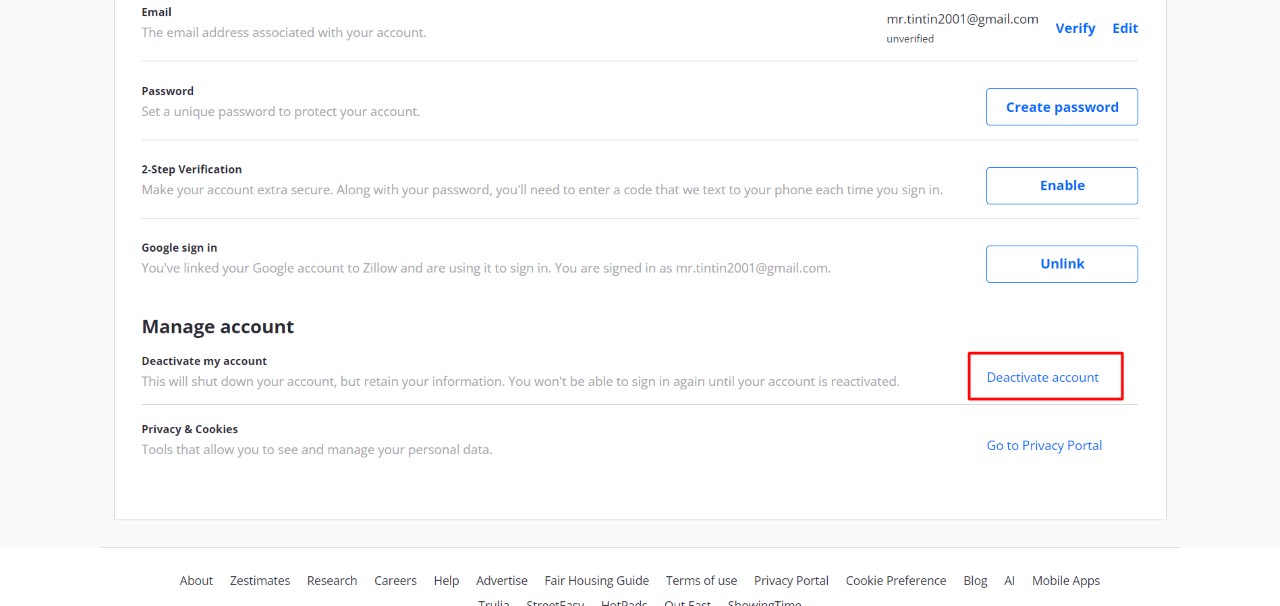 How to Deactivate or Delete Zillow Account 4 How to delete Zillow account via the website