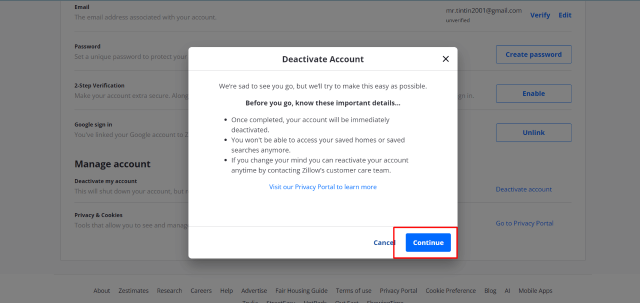 How to Deactivate or Delete Zillow Account 5 How to delete Zillow account via the website