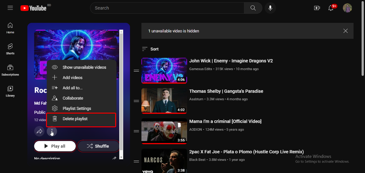 How to delete a playlist on youtube by using PC