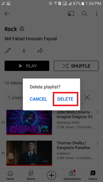 How to delete a playlist on youtube by using the App