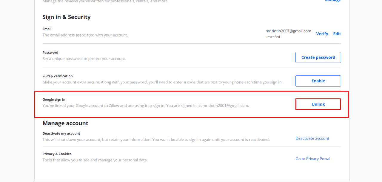 How to Deactivate or Delete Zillow Account 9 How to Unlink your Email from Zillow Account