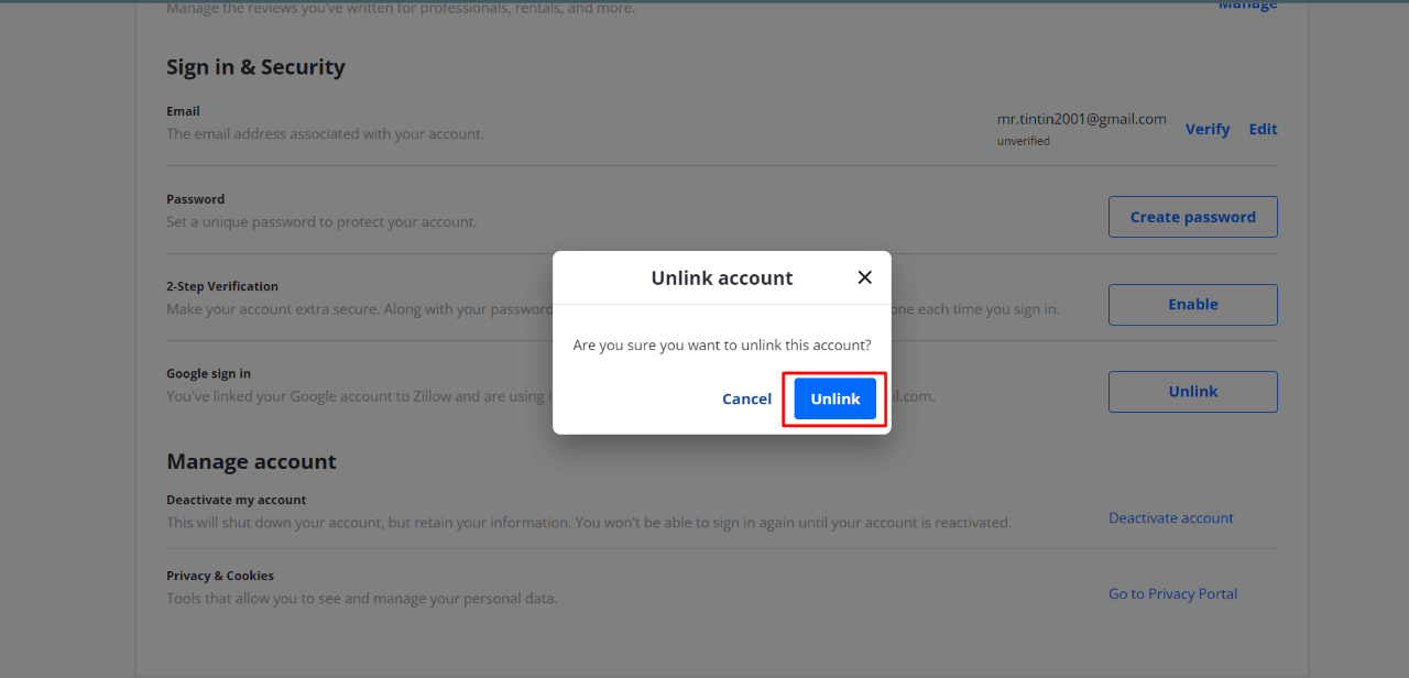 How to Deactivate or Delete Zillow Account 10 How to Unlink your Email from Zillow Account