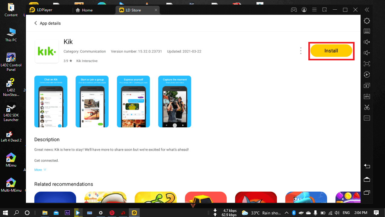 How to Download and Install Kik For PC Windows 11/10/7 PC and macOS 4 Kik app install button of LDPlayer