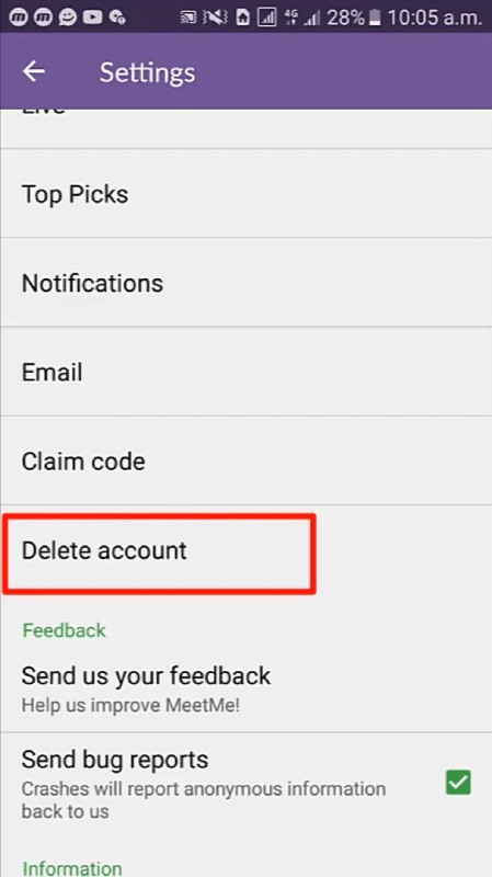 MeetMe Select Delete Account option