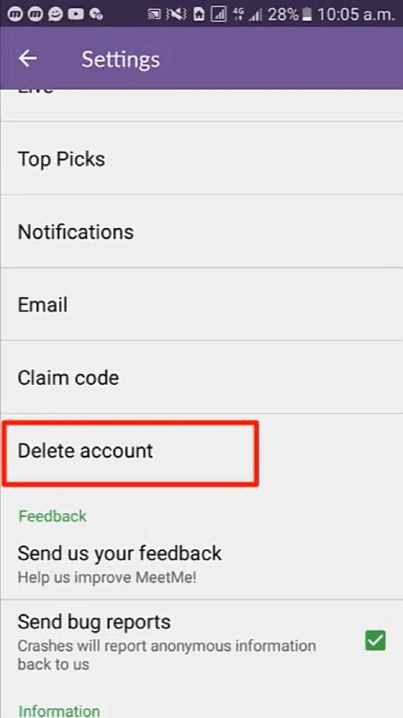MeetMe Select Delete Account option