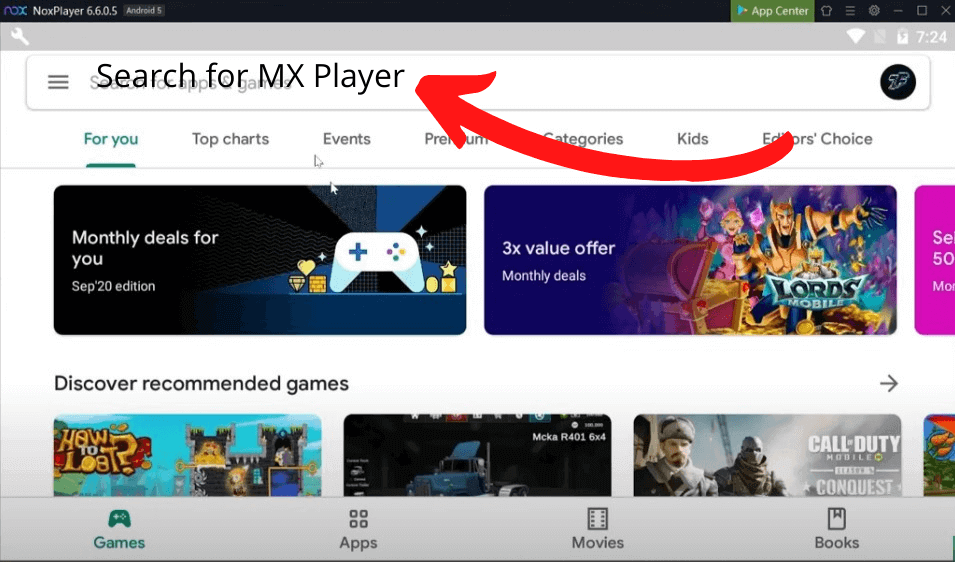 Search for MX Player in NOX Player