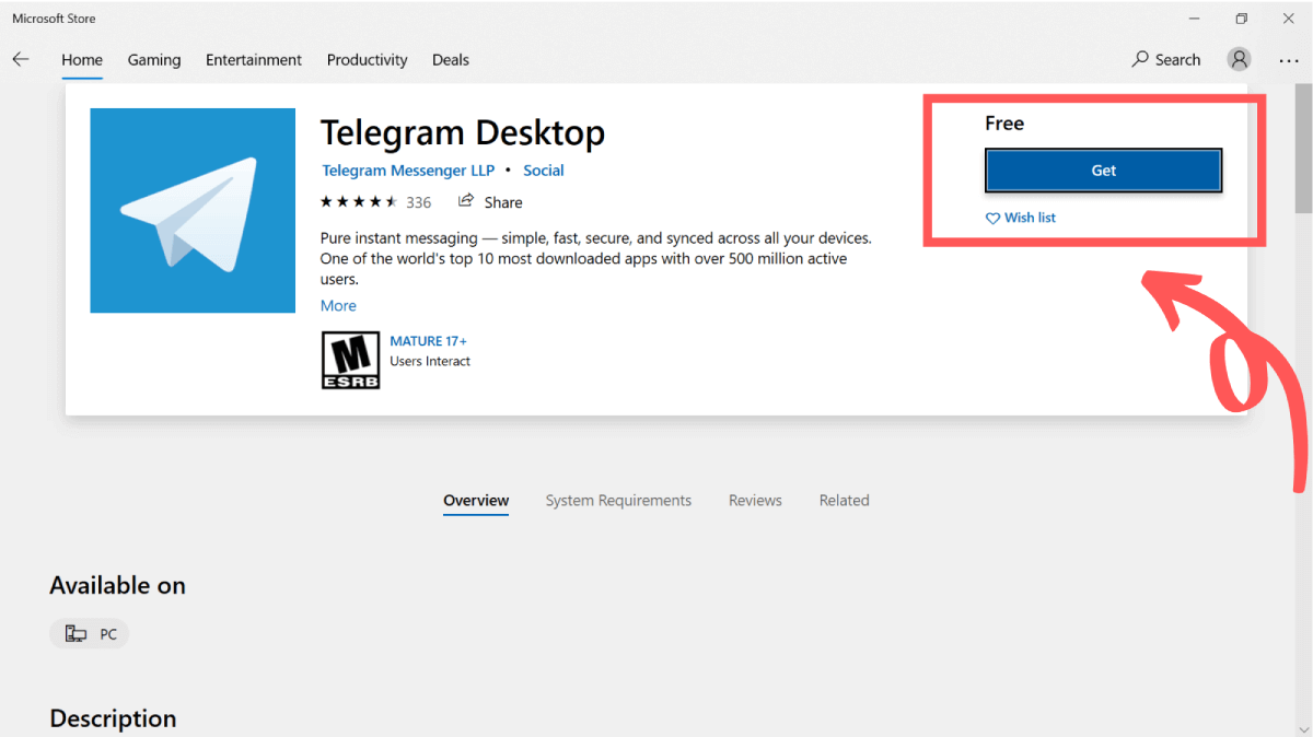 Telegram For PC – Telegram Desktop For Windows and macOS 9 To install Telegram on Windows 10 press Get button