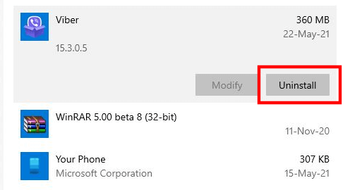 Uninstall Viber app from Windows