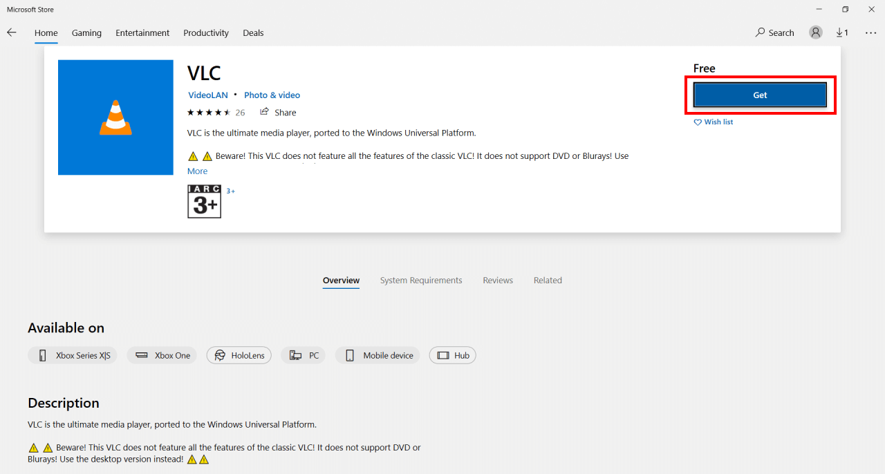 VLC Media Player install from Microsoft Store