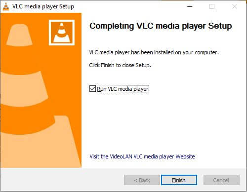 VLC finish button after installation