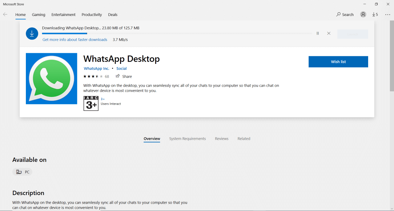 WhatsApp For PC – Download For Windows 11/10/7 and macOS 10 WhatsApp desktop is downloading on Windows 10 in Microsoft Store