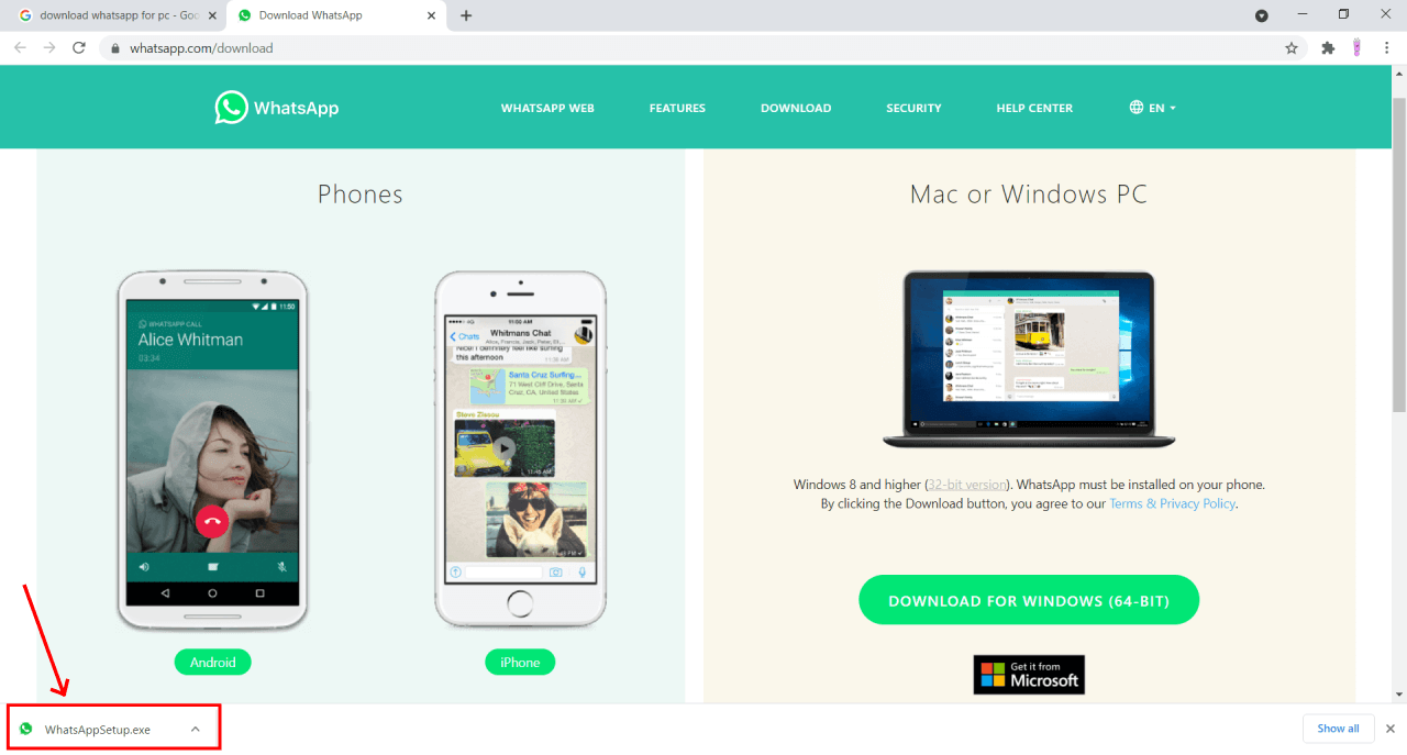 WhatsApp For PC – Download For Windows 11/10/7 and macOS 2 WhatsApp downloaded exe file on buttom left corner