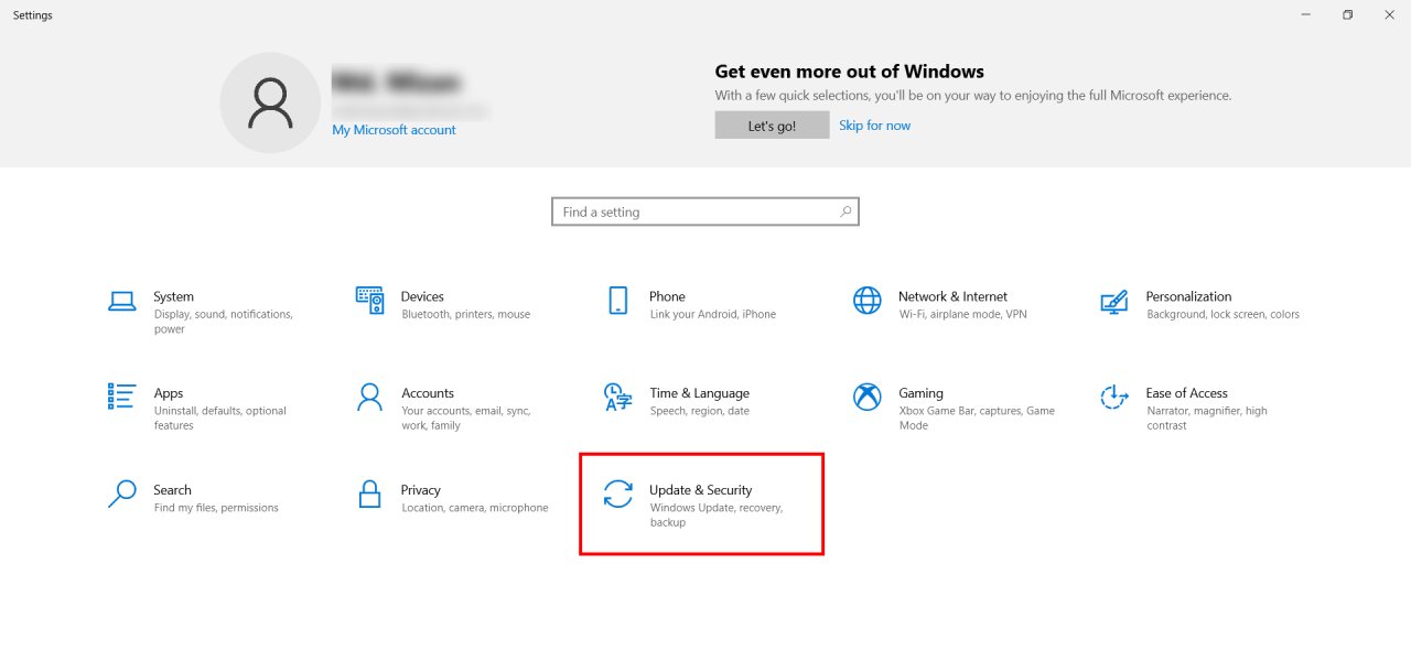 Windows 10 Update & Security option
