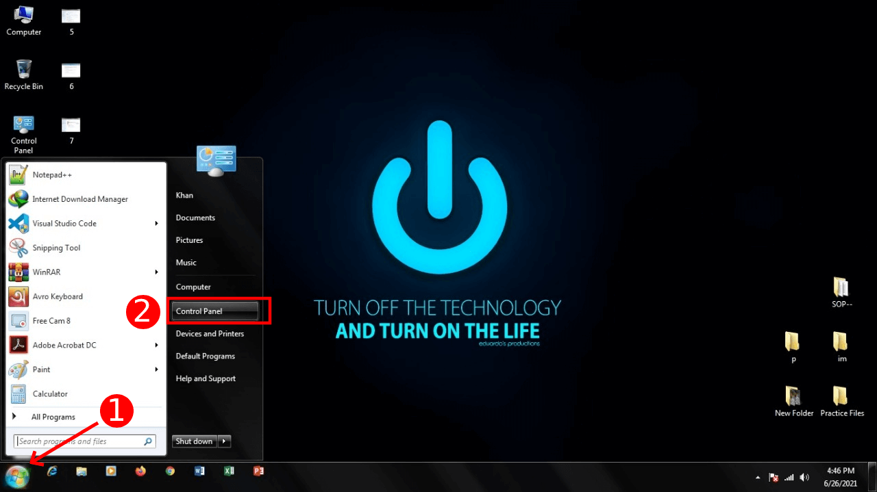 Wondows 7 Control Panel from Start menu