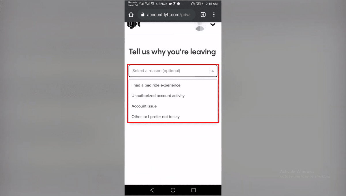 How to delete Lyft account through the app