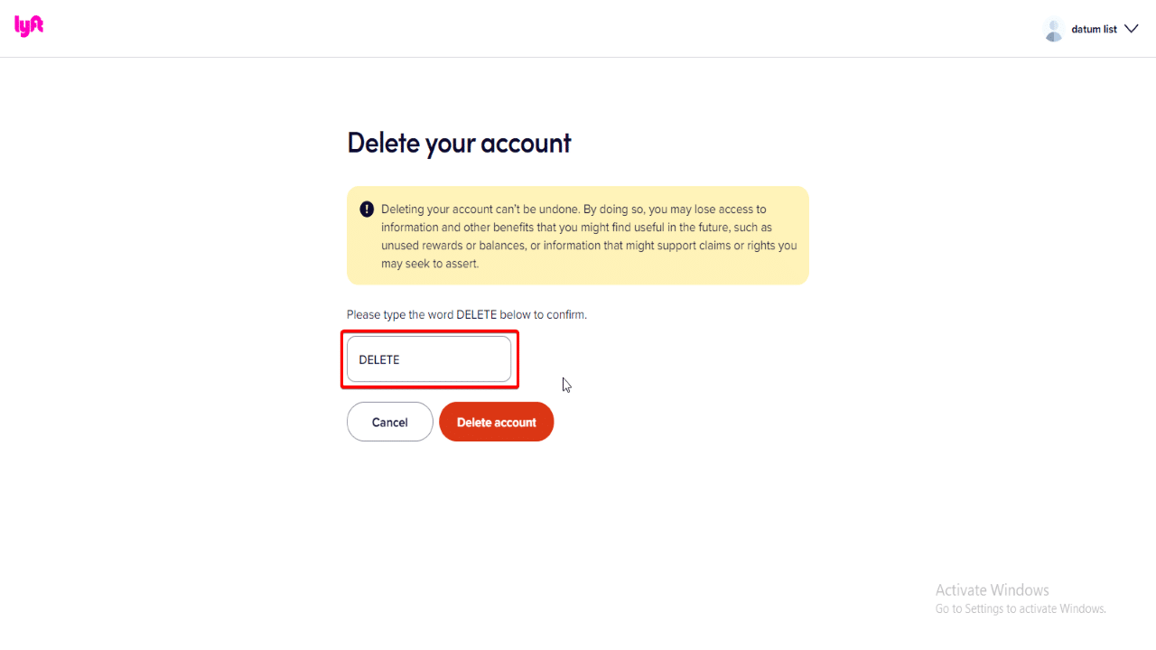 How to delete Lyft account through pc