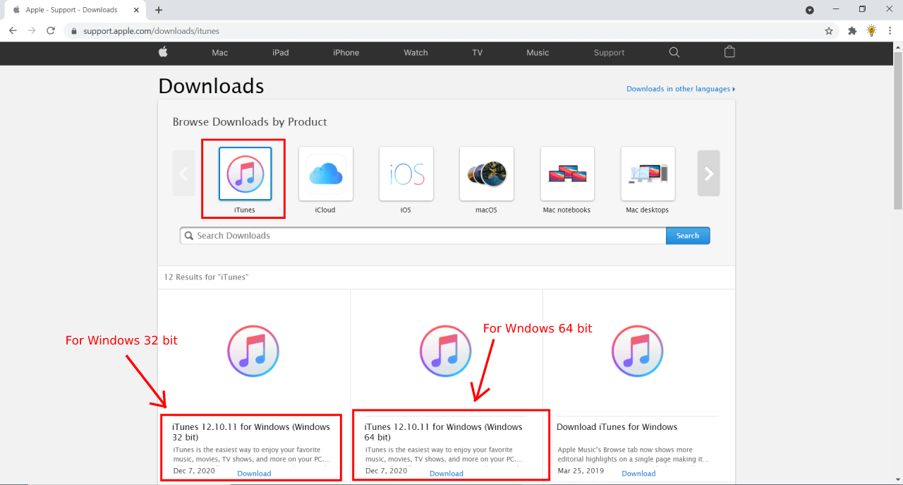 iTunes download page for Windows