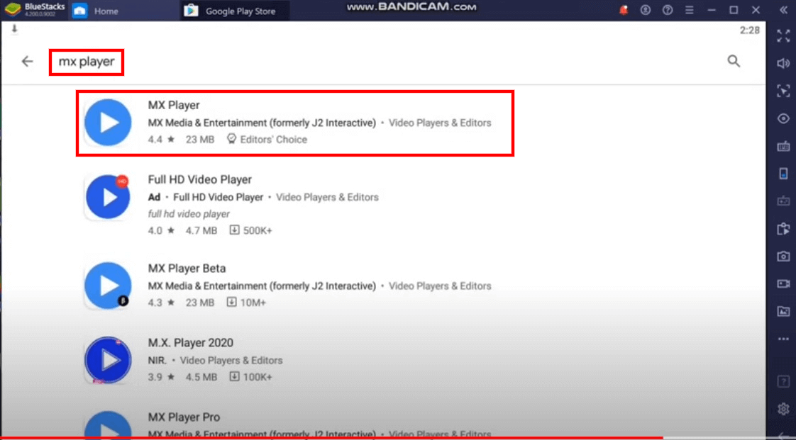 search BlueStacks mx player