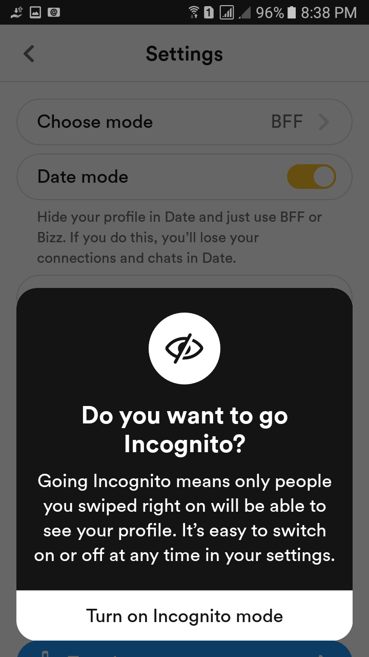 What is the incognito mode on Bumble